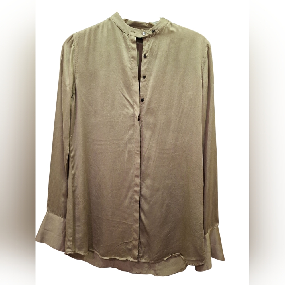 "DKNY" Woman's Taupe 100% Silk Button-down Shirt. One button missing Beautiful!